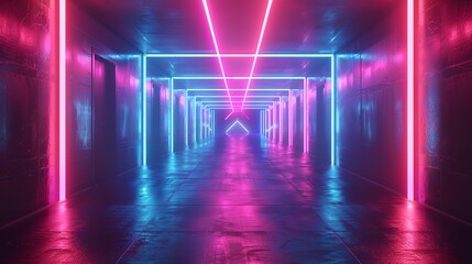 Naklejka premium Futuristic neon corridor with vibrant pink and blue lights. A perfect backdrop for sci-fi, gaming, or technology projects.