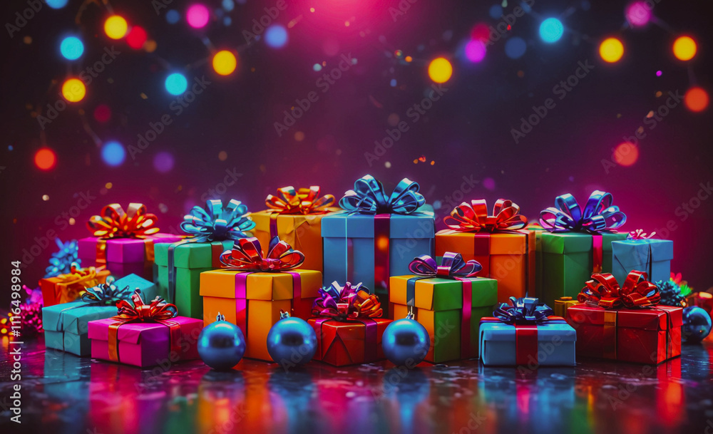 Poster bunch of colorful boxes with ribbons on them. some of the boxes are blue and red
