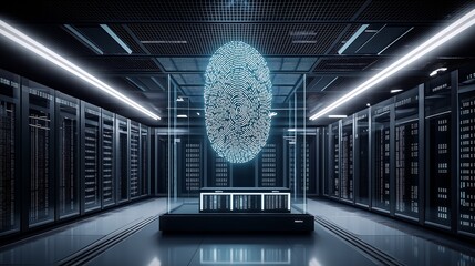 A giant fingerprint hovering above a computer screen filled with code, surrounded by security locks and digital firewalls protecting the system.