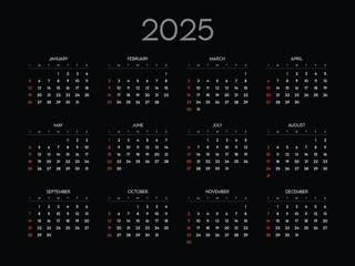 Monthly calendar 2025 week start Sunday corporate design template vector, black wall desk calendar in a minimalist style