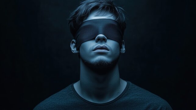 Blindfolded young man in shadowy lighting with moody atmosphere