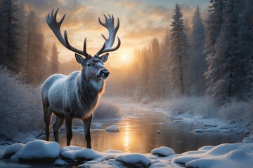 Realistic Painting of a Reindeer Standing in a Picturesque Snowy Forest with a Beautiful Sunrise