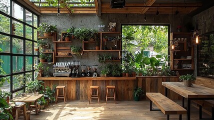 Rustic Coffee Shop Interior Design Plants Wood Natural Light