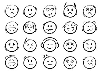 Doodle emoji face icons set. Sketch style ink brush vector signs.