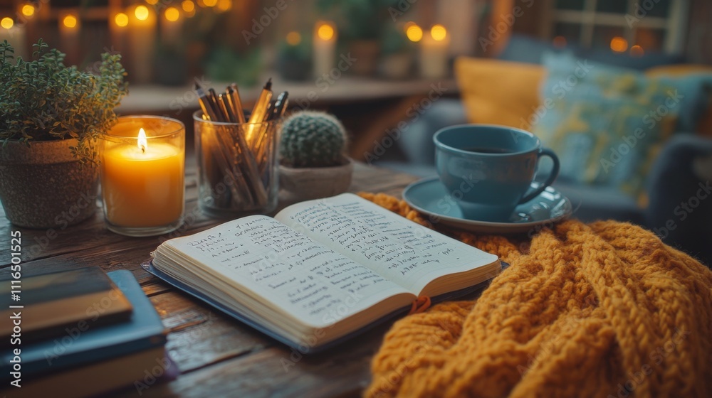 Poster a snug corner features a journal filled with handwritten notes, a flickering candle, and a steaming 
