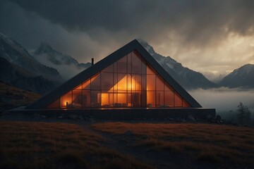 Futuristic House Surrounded by Majestic Mountains on a Foggy Day