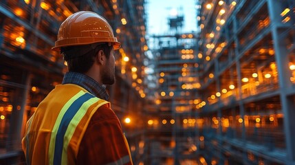 Engineers collaborate using advanced BIM software in a large construction site during twilight hours