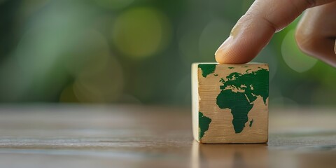 Environment World Earth Day Concept: Hand Gently Placing a Piece of Wood, Symbolizing Nature Conservation, Sustainability, and the Importance of Protecting Our Planet's Ecosystems