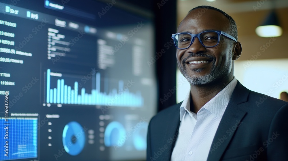 Poster professional smiling man in front of data visualizations
