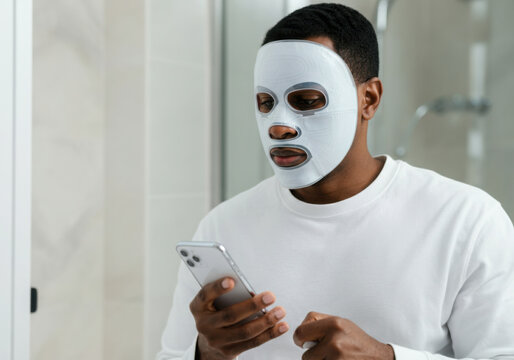 Young man wearing a beauty mask is using his smartphone in the bathroom