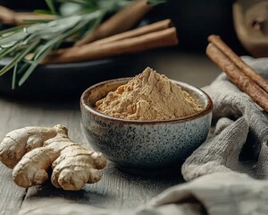 Fototapeta premium Powdered ginger in a ceramic bowl with fresh ginger root and cinnamon arranged on a warm linen surface