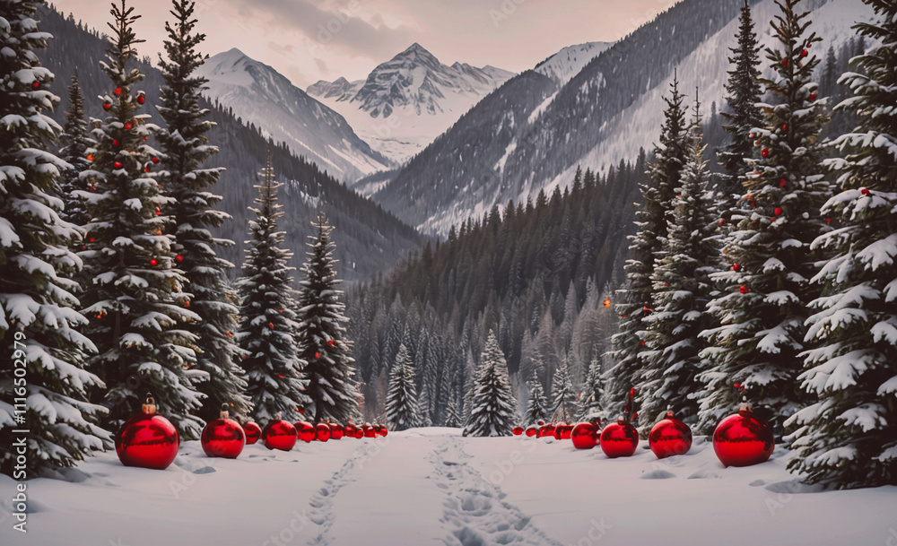 Aufkleber Path of red balls is in the snow next to a forest of trees. The balls are red and are scattered throughout the path