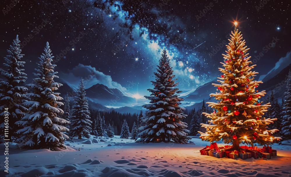 Poster Christmas tree is lit up in a snowy field. The tree is surrounded by pine trees and is the center of attention