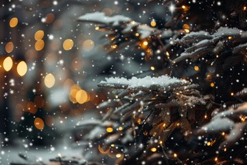 Obraz premium christmas evergreen tree branch in snow festive bokeh lights in background