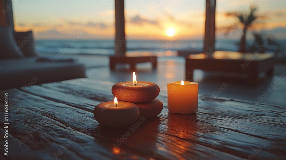 Poster golden sunset light fills the room as candles flicker on a wooden table beside a large window. the o