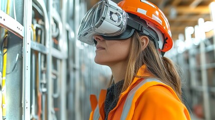Workers using augmented reality glasses for construction tasks in a modern facility