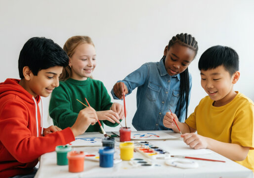 Group of diverse children enjoying painting activity, developing their artistic talents in a fun and collaborative environment