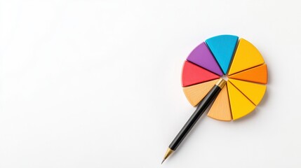 Fototapeta premium Colorful pie chart segments arranged on white background alongside a black pen, ideal for concepts of data analysis, education, creativity, and presentations