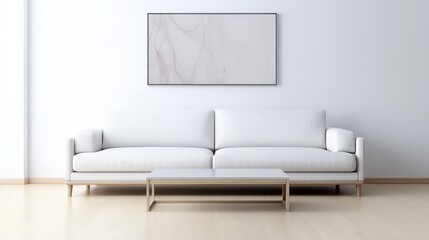 Modern minimalist living room with a stylish white sofa and a sleek coffee table against a bright wall featuring an abstract artwork, perfect for interior design inspiration.