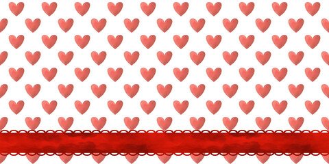 Seamless pattern of hearts and polka dots with scarlet lace ribbon. Watercolor illustration in monochrome colors, hand drawn. Design for textile and print.