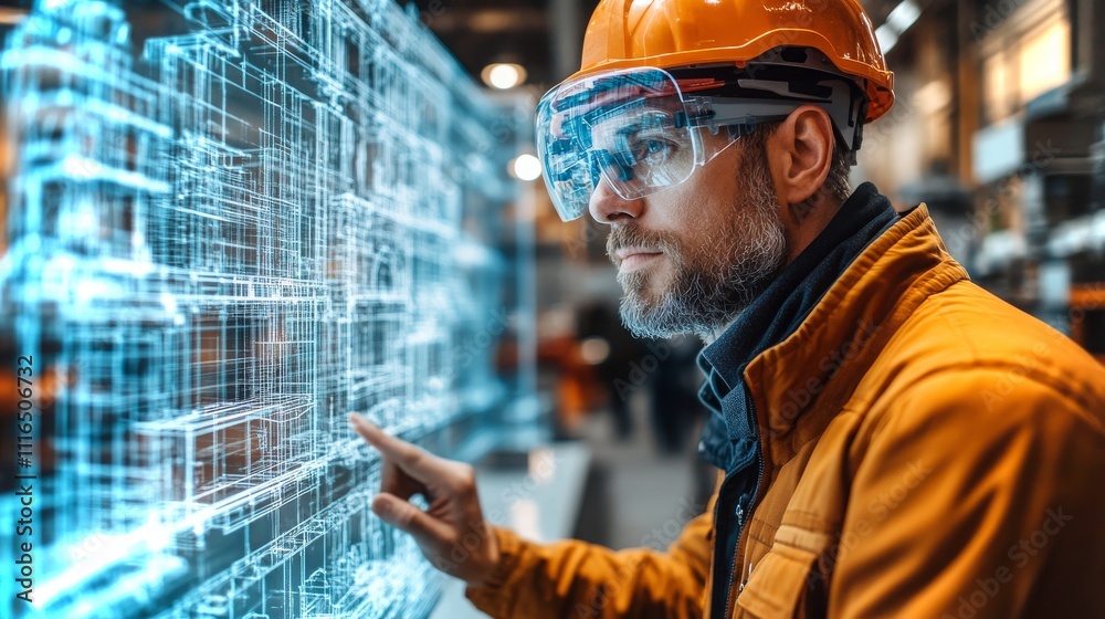 Poster engineers utilizing holographic models for advanced design and analysis in a modern workspace