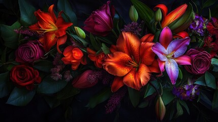 Obraz premium A vibrant arrangement of colorful flowers on a dark background, showcasing natural beauty.