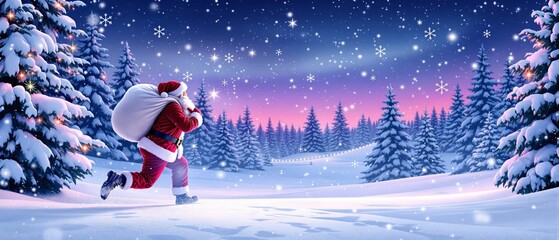 Santa Claus rushing to deliver gifts on the eve of the holiday. Winter forest and magical atmosphere, joy and anticipation of Christmas miracles. Discounts and Promotions