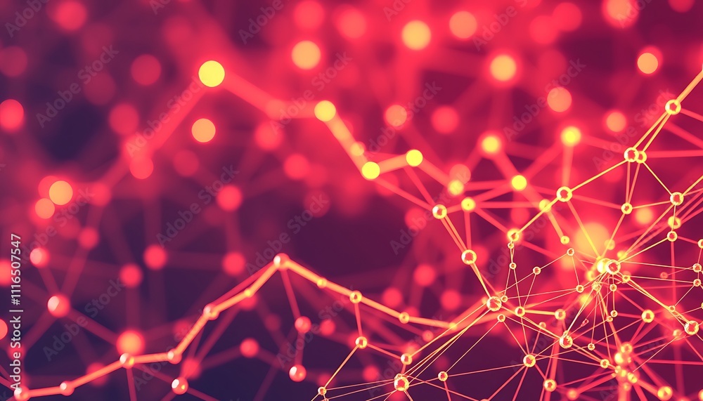 Poster abstract red network nodes, connections creating a complex plexus structure with bokeh effect. digit
