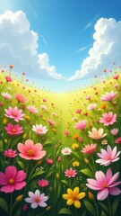 Fototapeta premium A vibrant meadow filled with blooming flowers under a bright blue sky during springtime