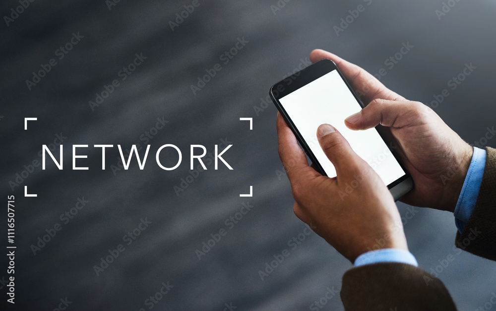 Aufkleber mockup, phone and hands of business man in office for website, social media and internet networking.
