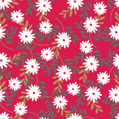 Seamless floral pattern, cute ditsy print with small pink flowers, leaves on purple background. Pretty botanical design for fabric, paper and other surfaces. Vector illustration.