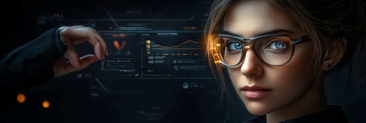 Woman Interacting with Financial Holographic Interface, Future Technology with Virtual Assistant