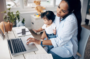 Mother, baby and multitasking with phone call for remote work, freelance talk or life balance in...