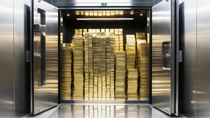 grand vault door slightly open reveals stacks of gold bricks and coins inside high security room with sleek metal textures, captured in wide angle shot under bright reflective lighting