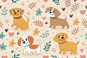 Cute cartoon dogs with floral elements on a beige background.