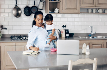 Mother, child and multitasking with laptop for remote work, freelance notes and life balance in kitchen. Brand consultant, baby care or juggling task for time management, responsibility and notebook