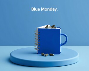 Blue monday concept. Cup of tea with sad smiley face wrapped in a knitted scarf on blue background. The saddest day of the year