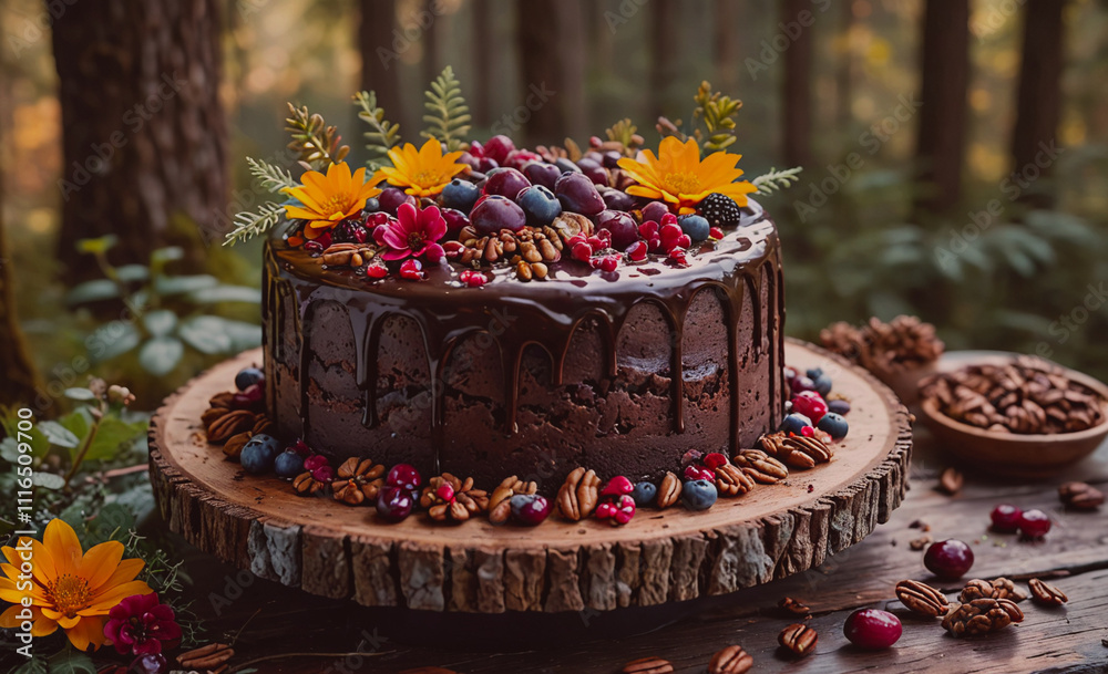 Poster chocolate cake with blueberries and nuts on top. the cake is on a wooden board. there are also some 