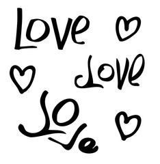A set of words love and hearts in doodle style