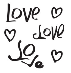 Obraz premium A set of words love and hearts in doodle style