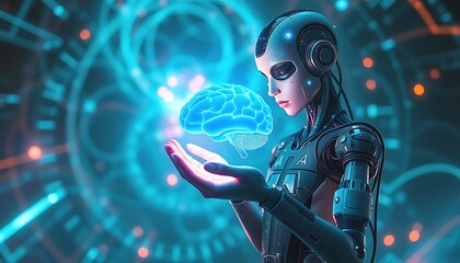 Artificial Intelligence Cyborg Woman Holds Holographic Brain and neural networks visualized.