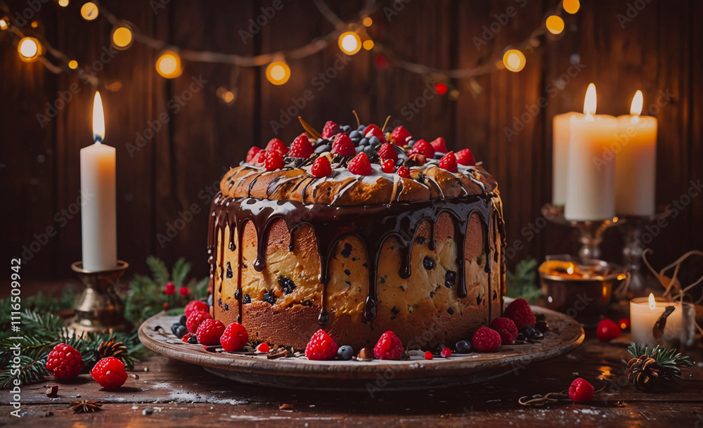 Poster Cake with chocolate drizzle and raspberries on top. There are candles on the table