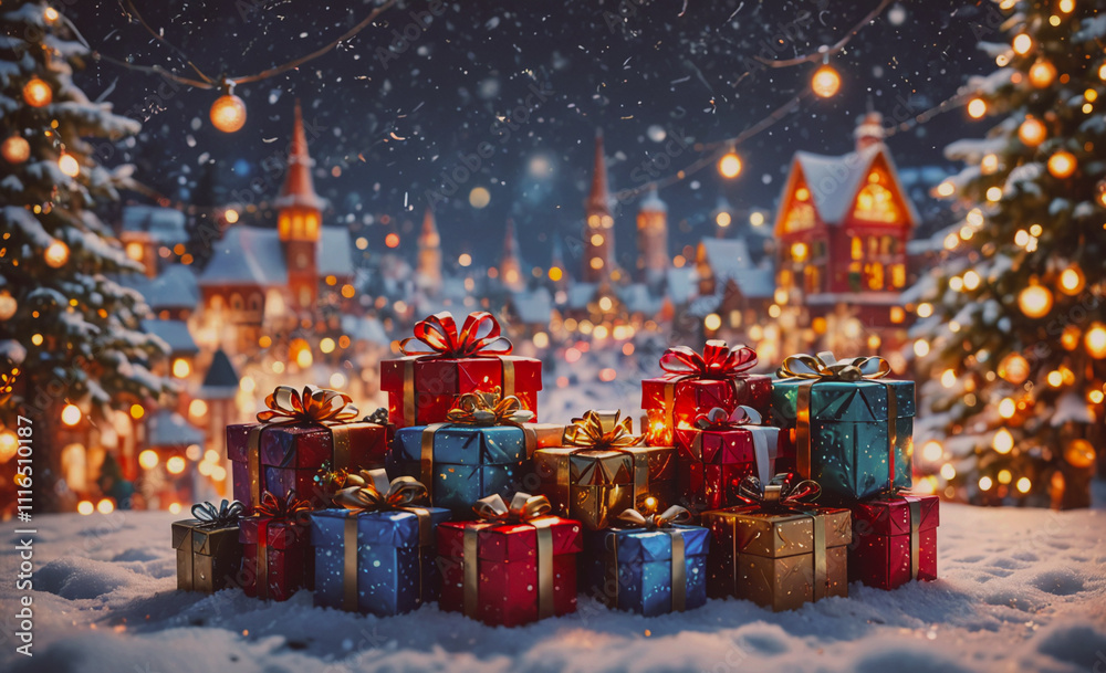 Poster pile of presents is on the ground in front of a house. the presents are wrapped in colorful paper an