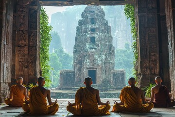 A group monks meditating in an ancient temple, surrounded by nature