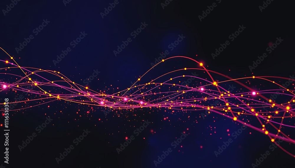 Poster abstract network glowing lines and orange lines connected by glowing nodes resembling a network or d
