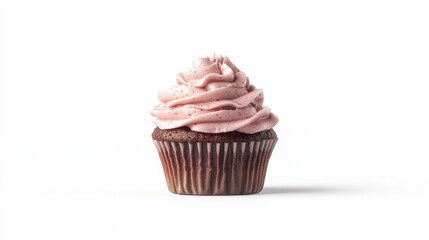 A beautifully crafted chocolate cupcake sits on a pristine white background, showcasing its rich color and luscious pink frosting, inviting sweet indulgence and joy