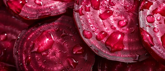 Slices of beetroot, glistening with water drops, reveal intense ruby hues and intricate ring patterns, embodying freshness and earthiness.