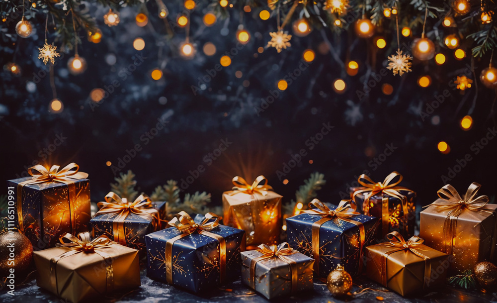 Poster Row of presents with a gold bow on top of each one. The presents are stacked on top of each other