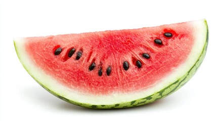 A delicious slice of watermelon laid on a bright white background, displaying its juicy, red flesh and black seeds. Ideal for a refreshing summer treat, this fruit invites enjoyment
