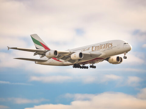 PRAGUE, Czech Republic - December 4, 2024: Emirates Airbus A380-861 at Vaclav Havel Airport Prague. From Dubai to Prague. The Airbus A380 is the largest passenger aircraft in the world.